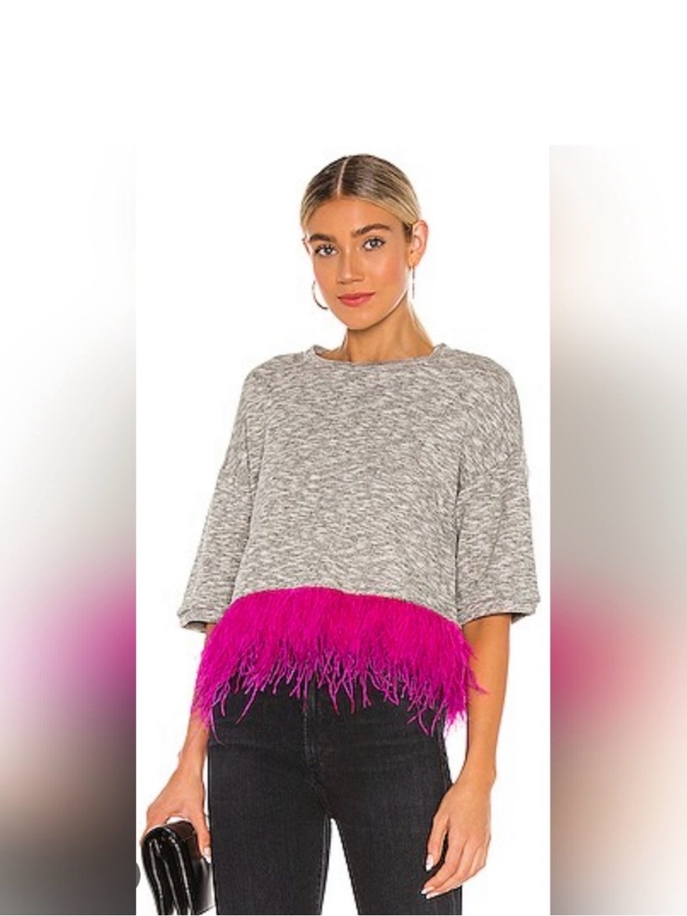 Le Superbe House Party Gray Top with Hot Pink Feather Trim